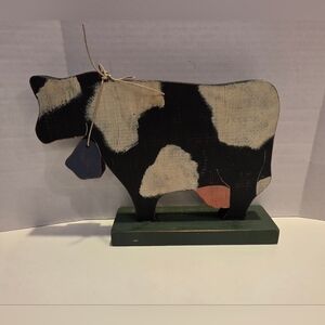 Vintage Handpainted Black & White Wooden Cow Figurine w/ Blue Bell